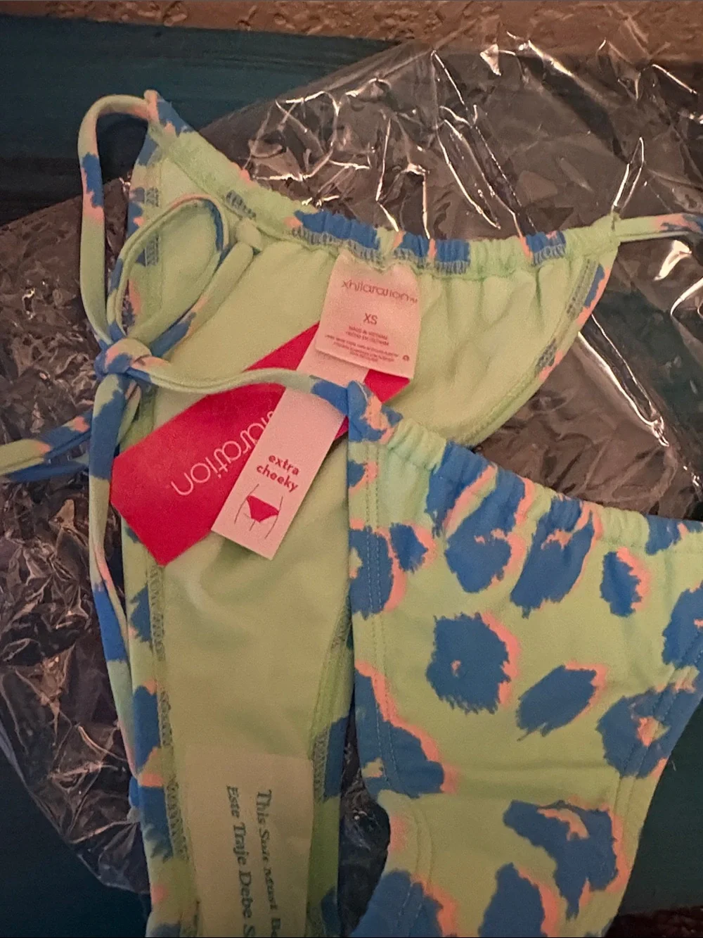 Turquoise Cross-Front Halter Bikini Top with Printed Tie-Side Bottom